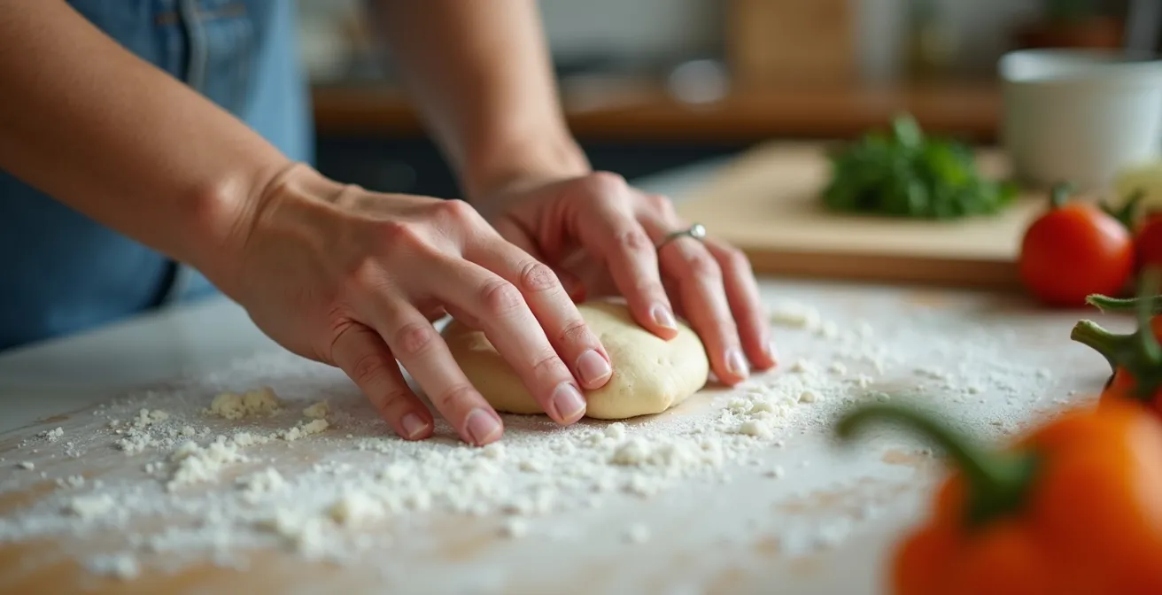 Dettaglio macro della superficie di un piano cucina con mani che lavorano ergonomicamente