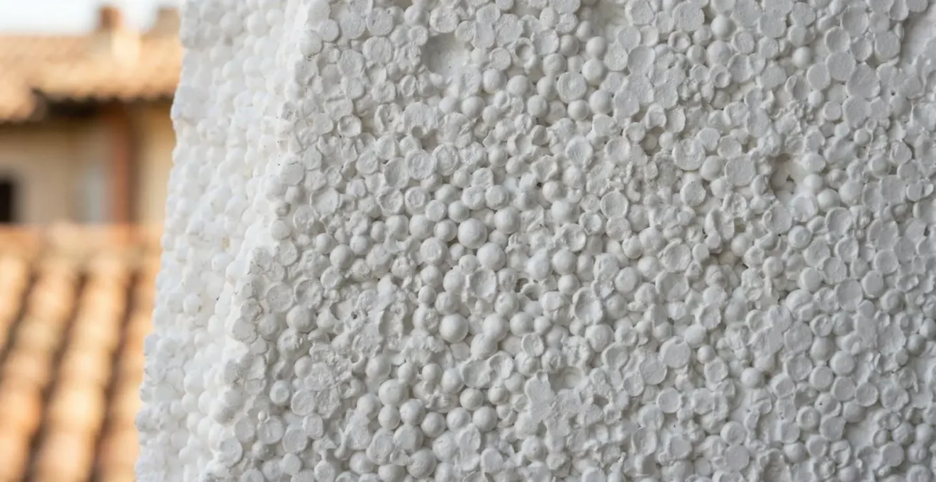 Dettaglio macro della texture di un cappotto termico applicato su parete esterna