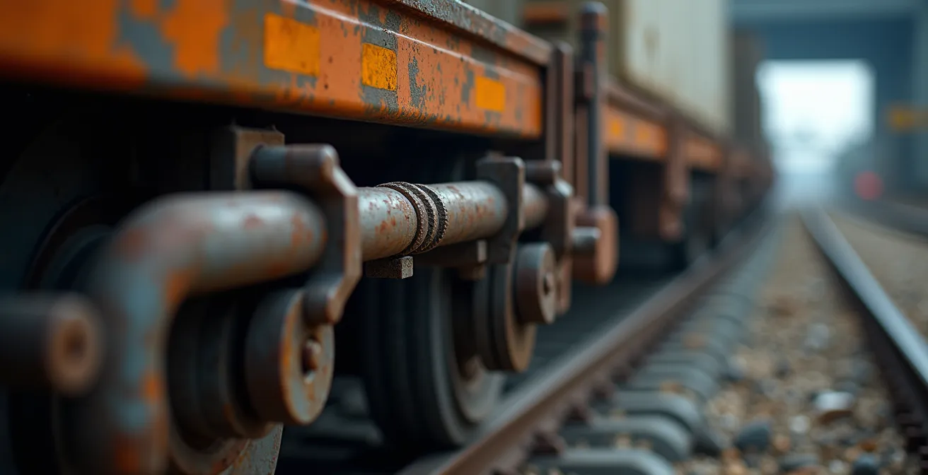 Dettaglio ravvicinato di un sistema di aggancio per cassa mobile durante il trasferimento dal vagone ferroviario