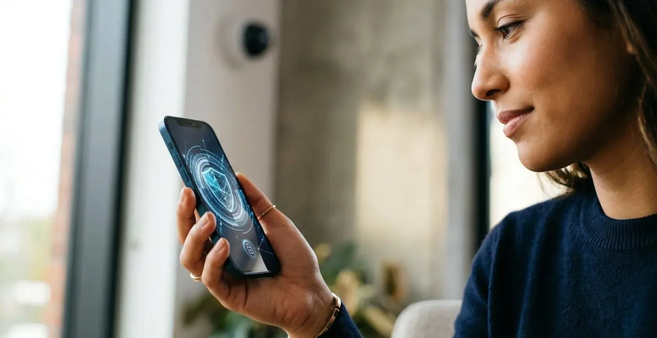 Una persona utilizza lo smartphone per l'autenticazione a due fattori, con una telecamera di sicurezza sfocata sullo sfondo.