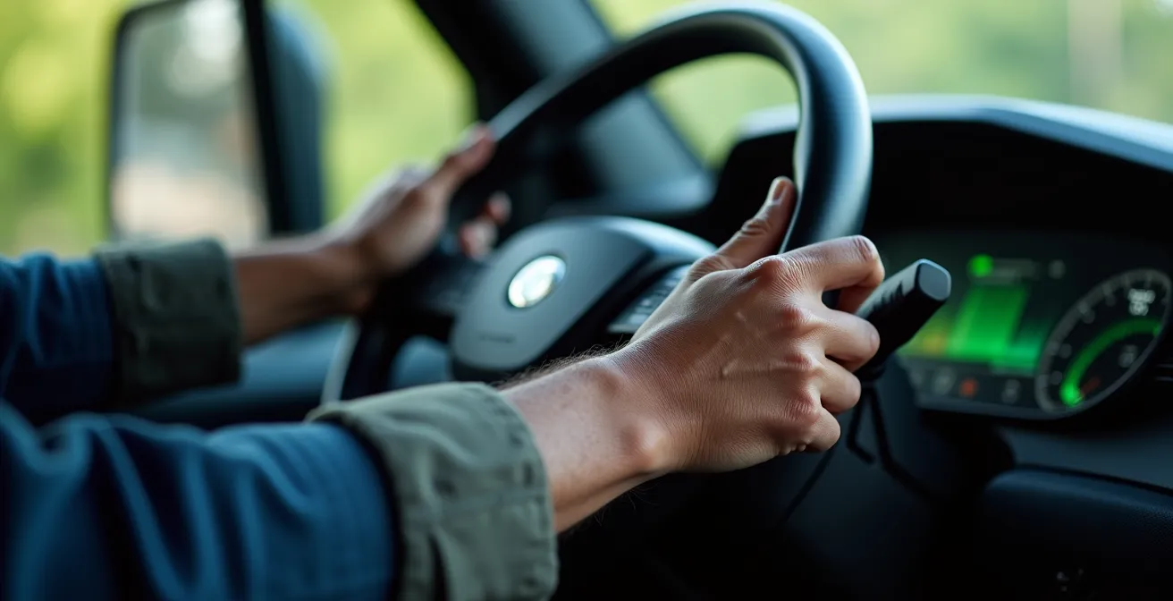Mano di autista su volante di camion elettrico con indicatori energia in secondo piano sfocato