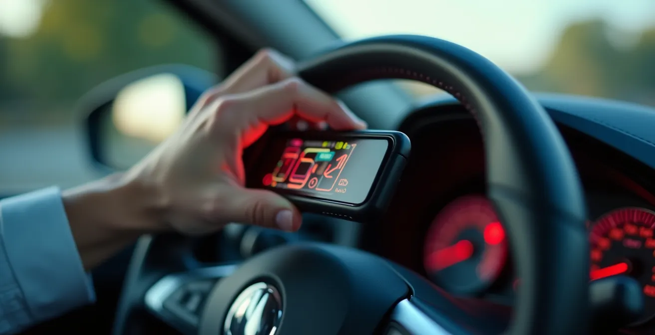 Autista in cabina del camion che riceve notifica su dispositivo montato sul cruscotto