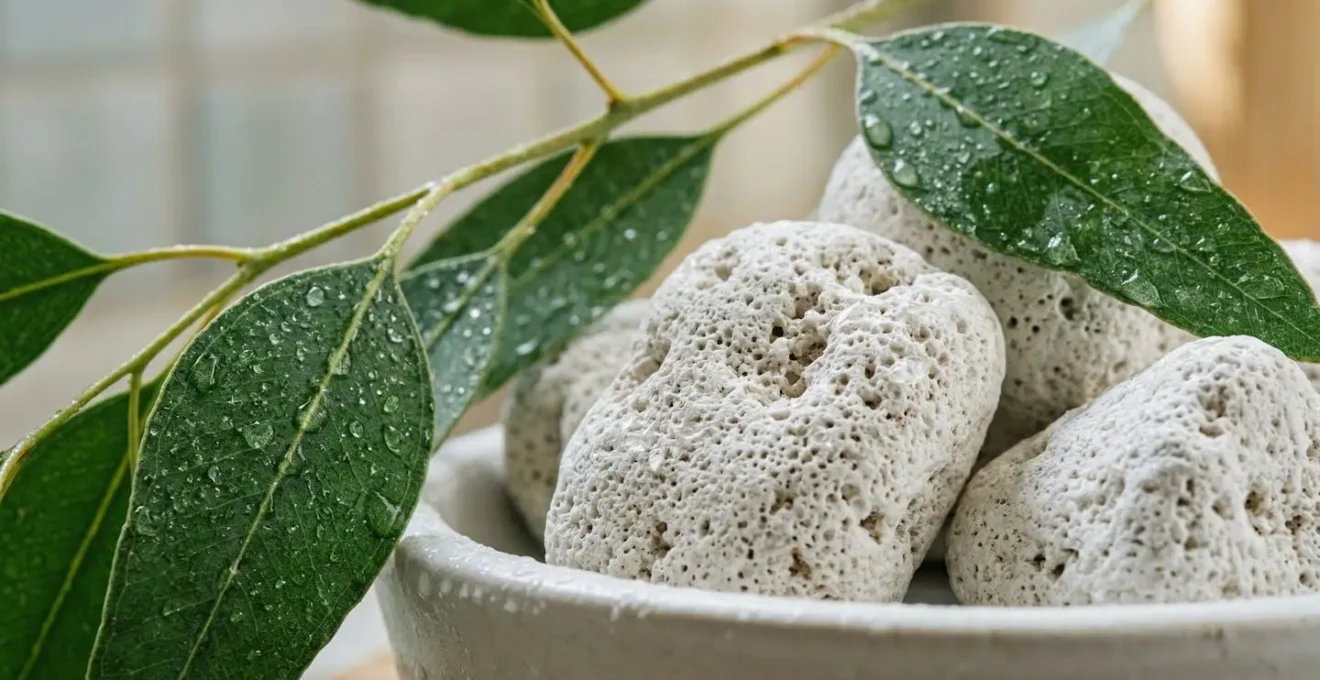 Dettaglio macro di ceramiche porose profumate e rami di eucalipto appesi in bagno