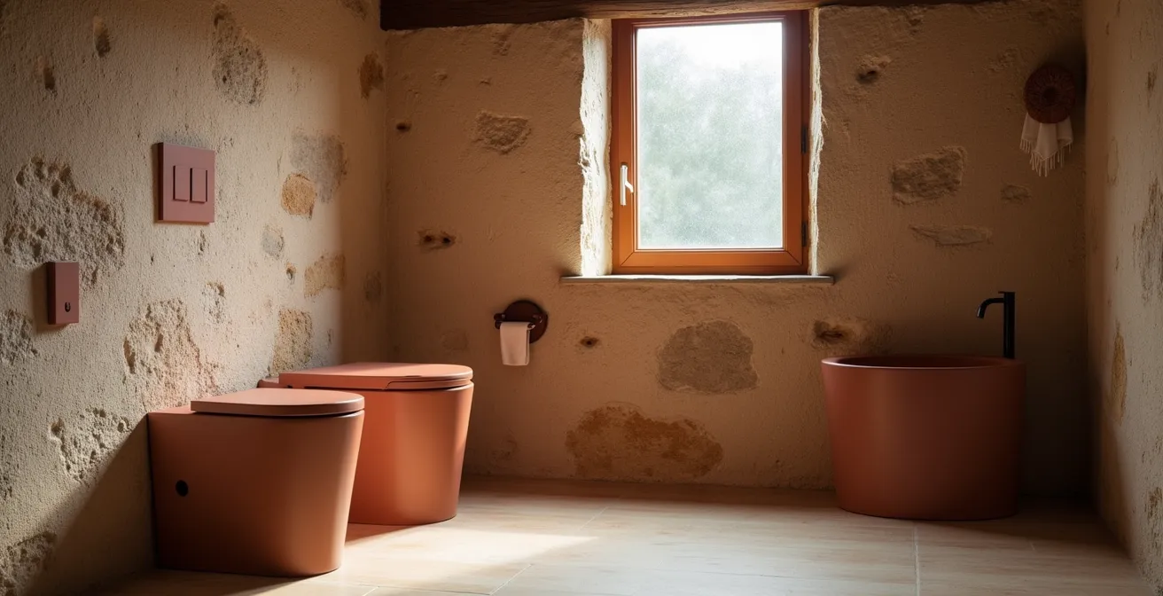 Bagno rustico con parete in pietra e sanitari moderni in ceramica opaca