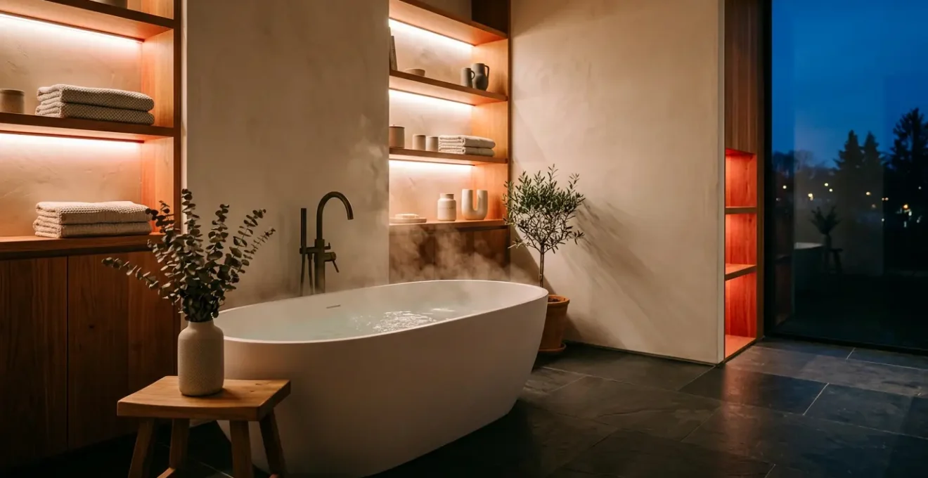 Bagno moderno con illuminazione rossa soffusa e elementi in legno naturale per ambiente rilassante