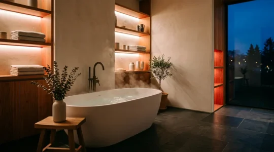 Bagno moderno con illuminazione rossa soffusa e elementi in legno naturale per ambiente rilassante
