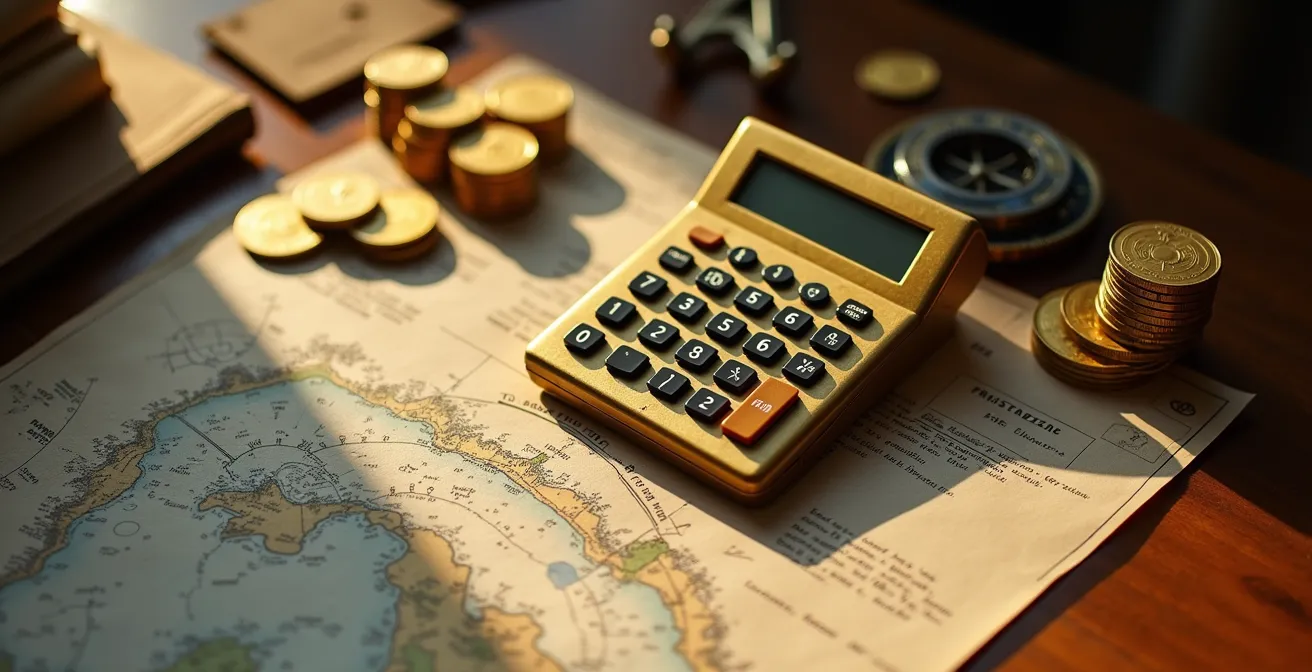 Calcolatrice vintage e documenti marittimi su scrivania in legno con monete d'oro