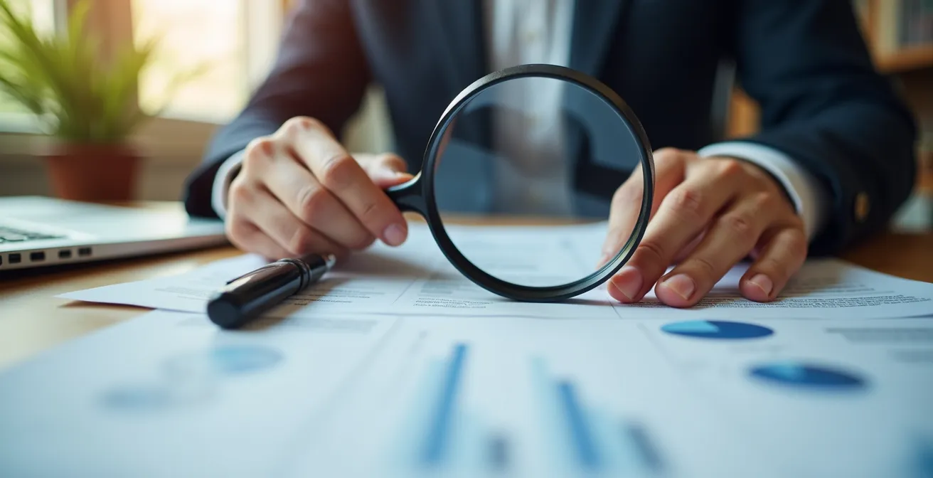 Mani che esaminano documenti assicurativi con lente d'ingrandimento