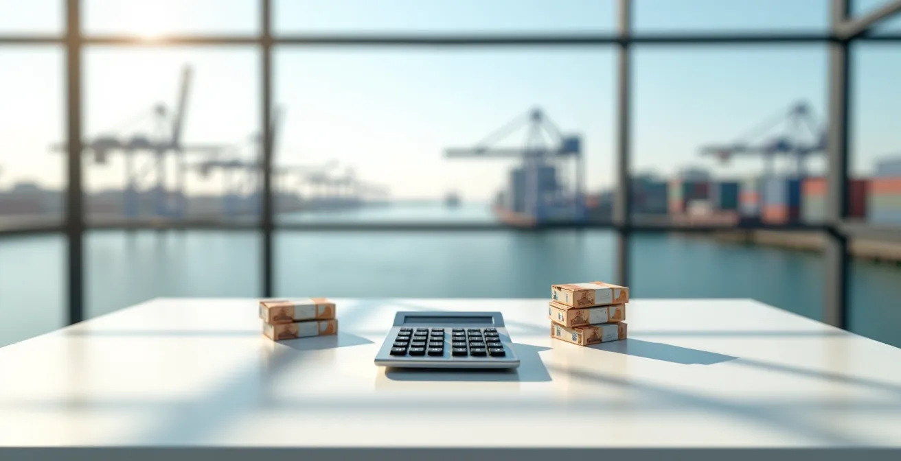 Calcolatrice professionale con documenti assicurativi e container in miniatura