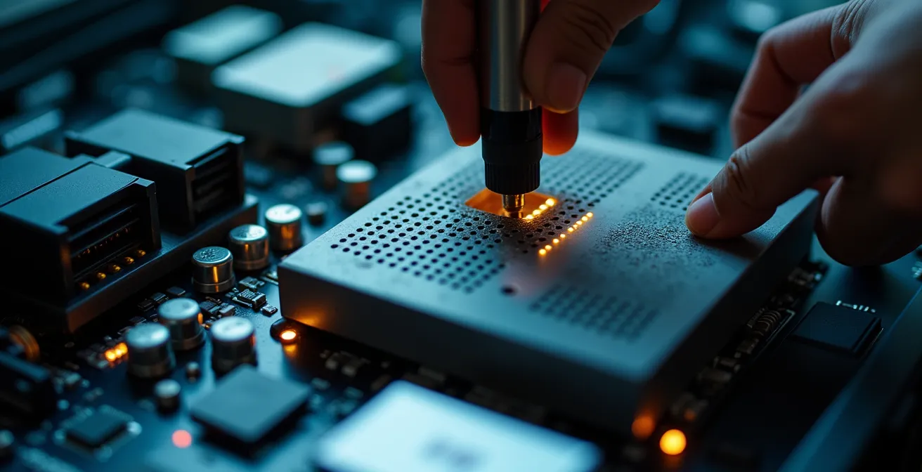 Dettaglio ravvicinato della centralina elettronica di un camion durante la calibrazione del limitatore di velocità