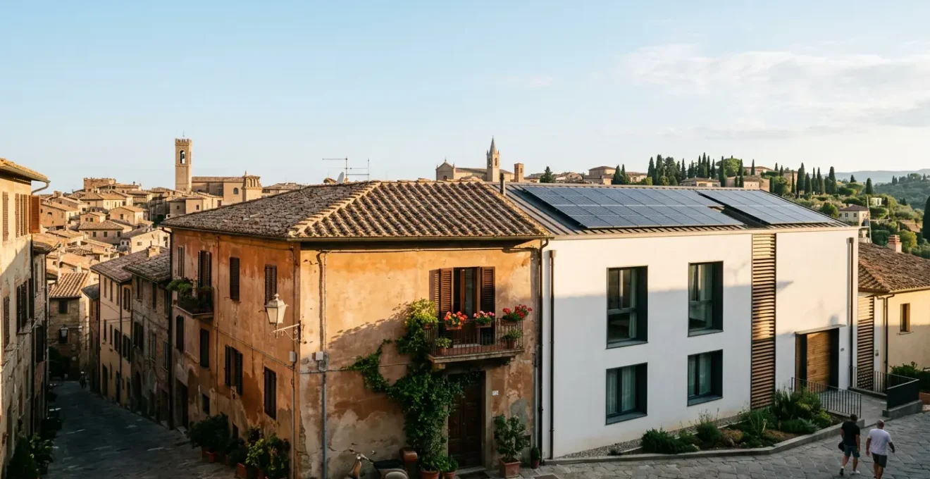 Vista panoramica di una casa italiana moderna con pannelli solari e elementi sostenibili, con sfondo urbano italiano tipico