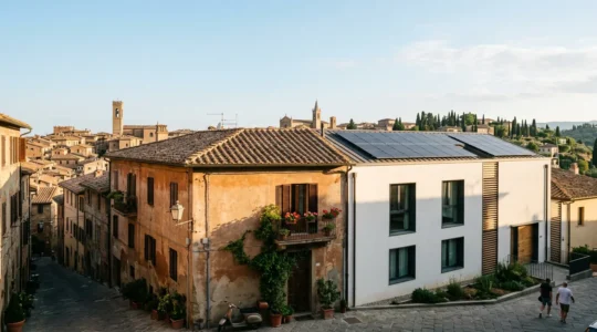 Vista panoramica di una casa italiana moderna con pannelli solari e elementi sostenibili, con sfondo urbano italiano tipico