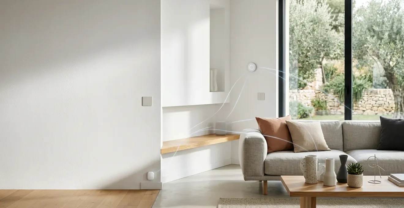 Casa moderna con dispositivi smart interconnessi tramite protocolli Matter e Zigbee