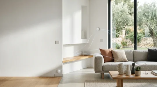 Casa moderna con dispositivi smart interconnessi tramite protocolli Matter e Zigbee