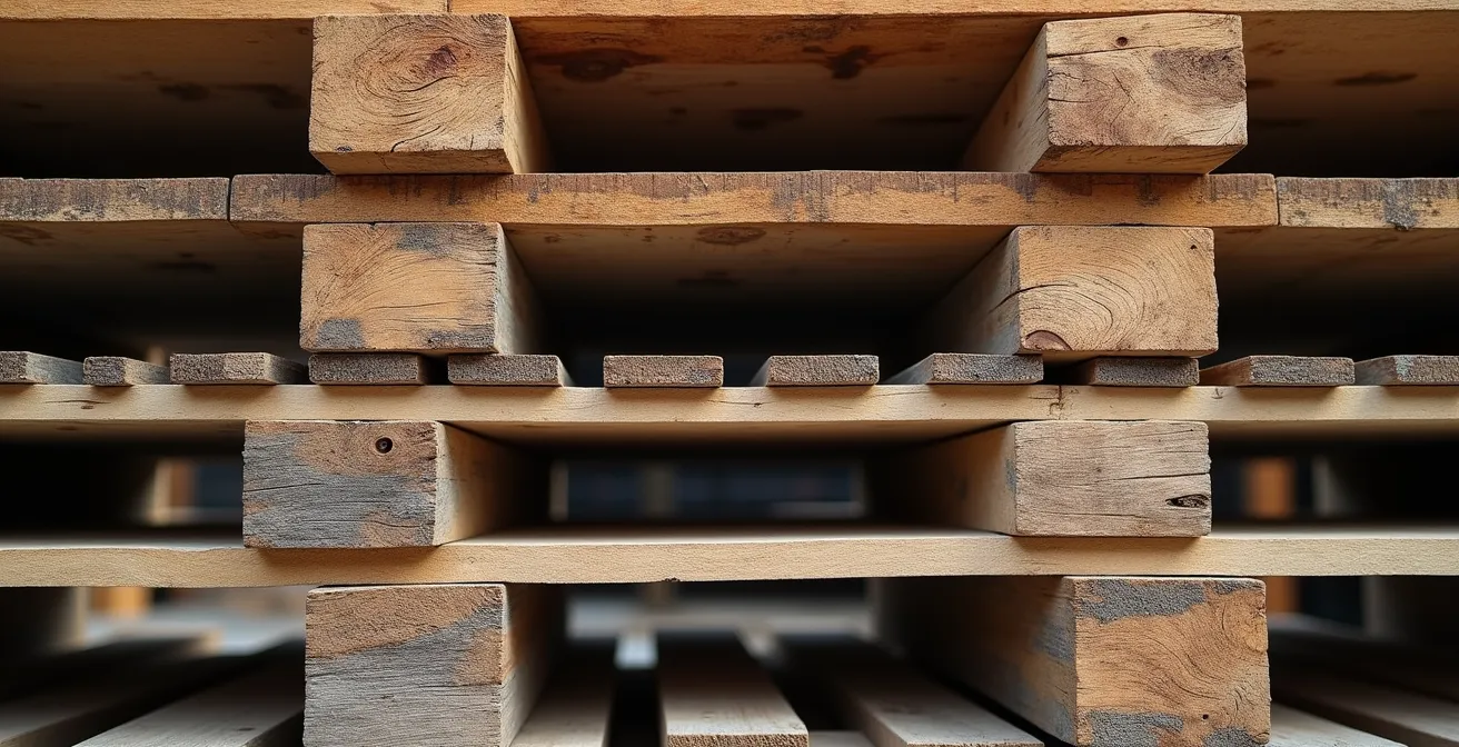 Vista macro di pallet impilati con texture e materiali diversi in magazzino