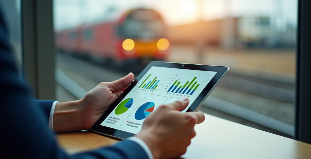 Mani che tengono un tablet mostrando grafici di riduzione CO2 con treno merci sfocato sullo sfondo