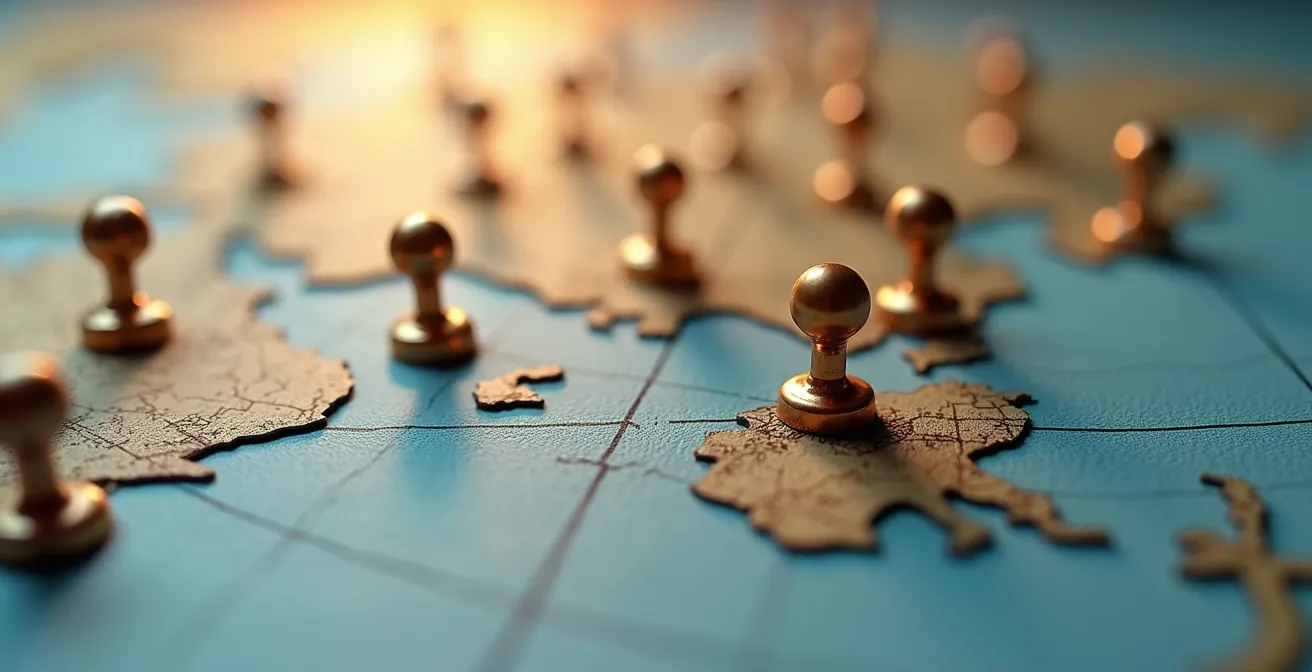 Vista aerea di una città con punti luminosi raggruppati in cluster che rappresentano zone di consegna ottimizzate