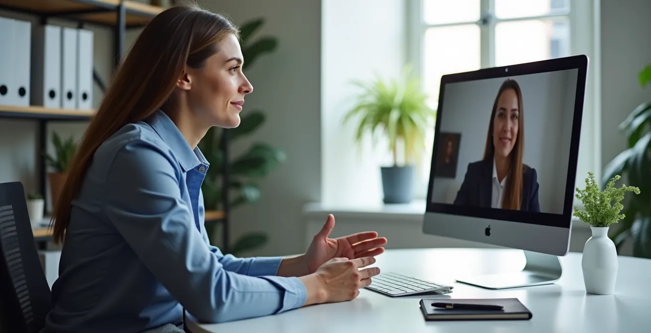 Manager che comunica con empatia durante videochiamata con cliente in situazione di crisi aziendale