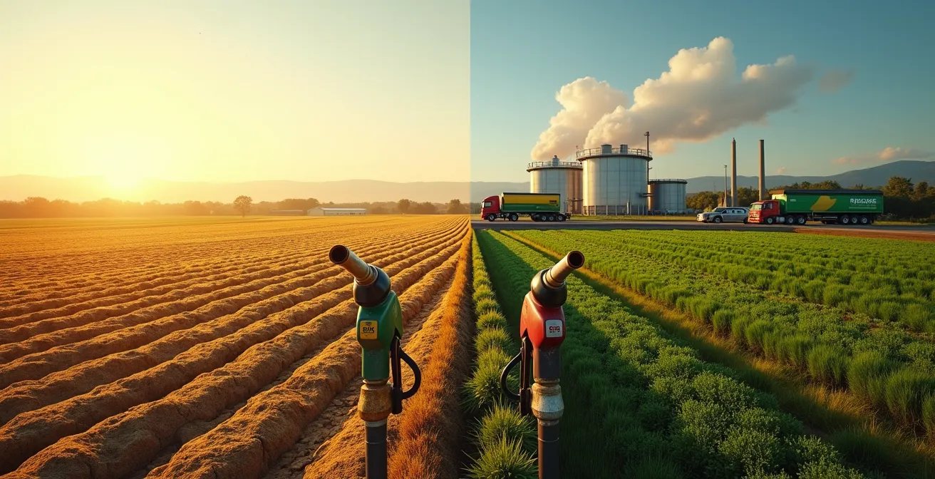 Composizione divisa mostrando campi agricoli e impianto di recupero scarti