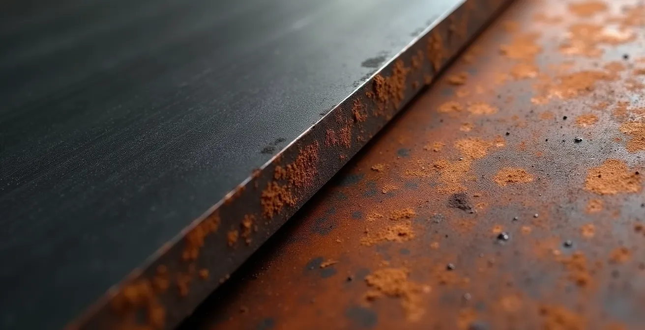 Dettaglio ravvicinato di una superficie in ferro nero opaco accanto a una in acciaio corten ossidato