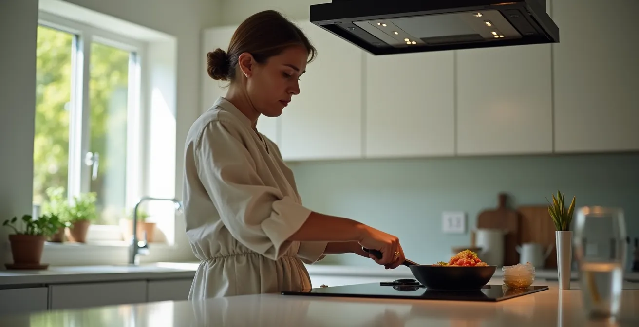 Persona che cucina con piano cottura a cappa integrata, onde sonore visualizzate per mostrare la propagazione del rumore