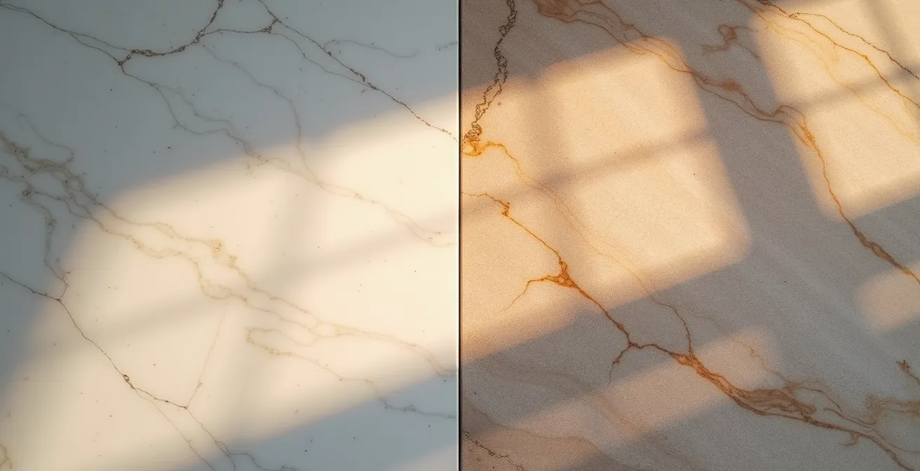 Confronto visivo tra superficie di marmo di Carrara autentico e gres porcellanato effetto marmo di alta gamma