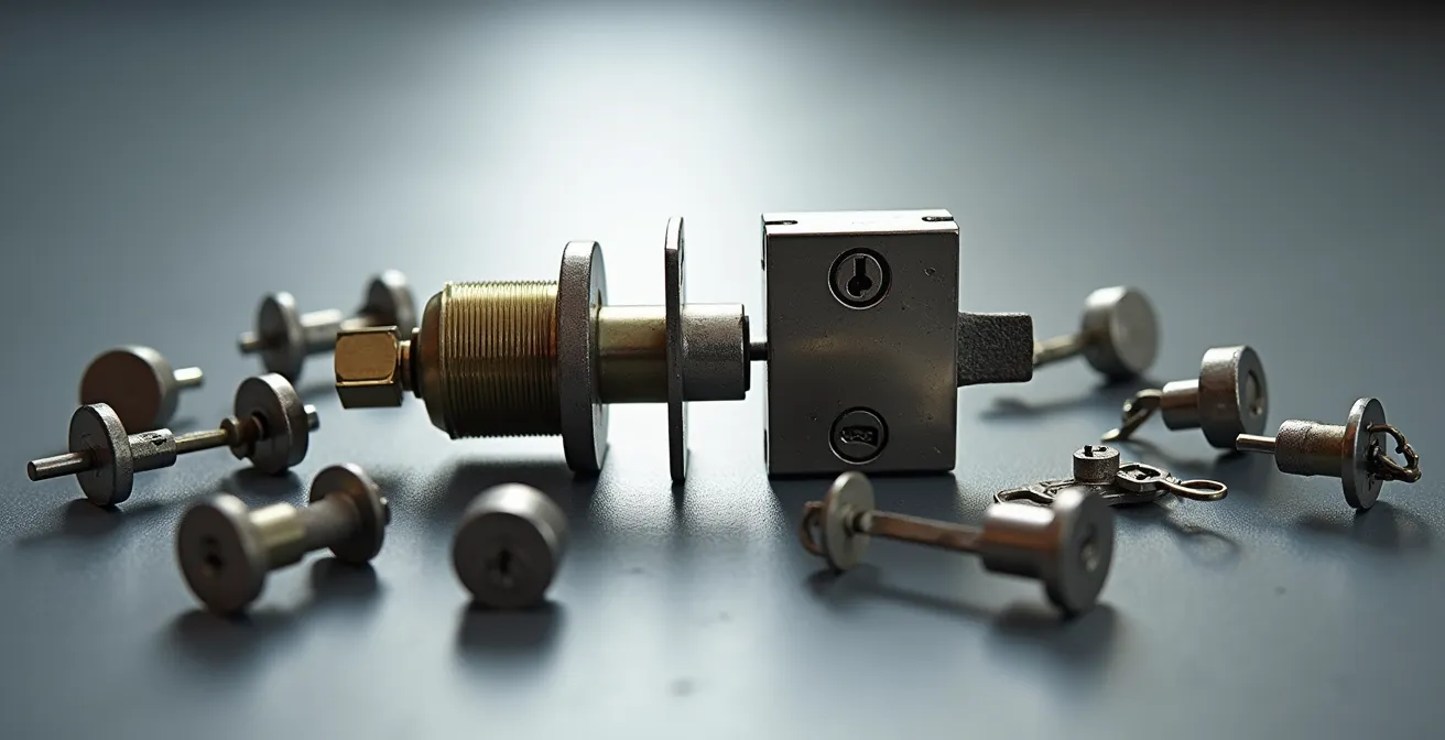 Vista ravvicinata comparativa tra meccanismo interno serratura magnetica e meccanica tradizionale