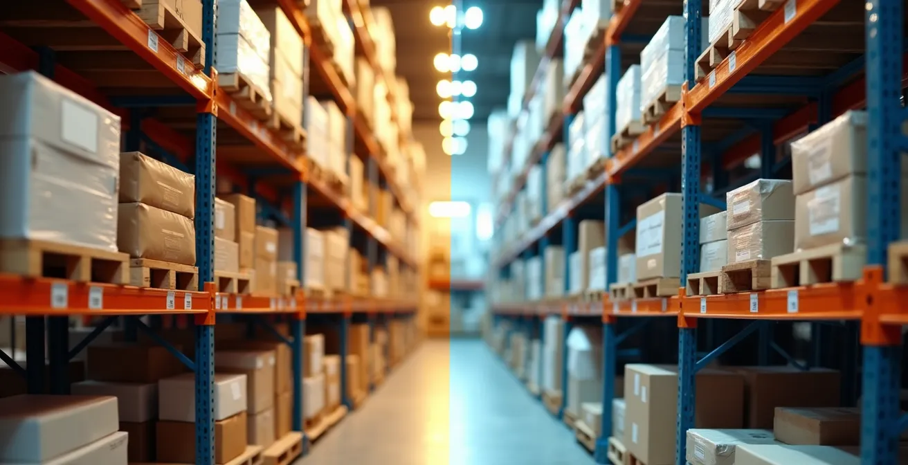 Scaffale di magazzino che mostra visivamente il flusso dei prodotti secondo i metodi FEFO e FIFO