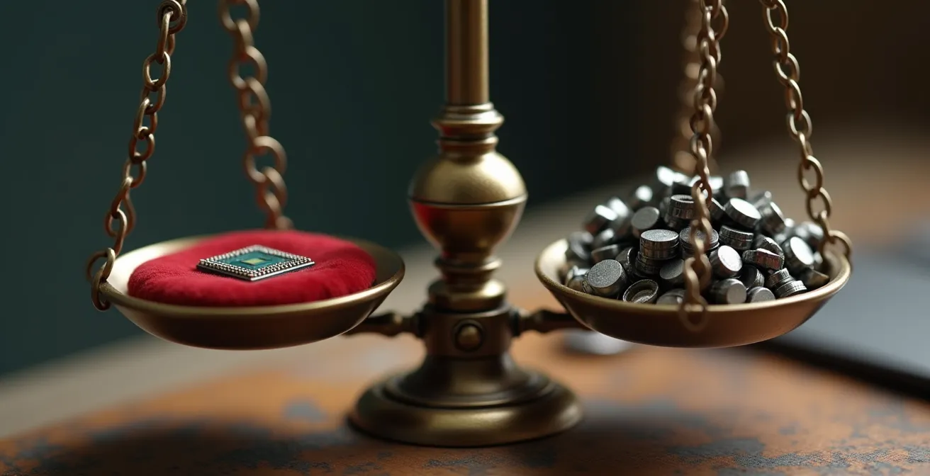 Bilancia che mostra squilibrio tra peso fisico e valore economico di dispositivi elettronici