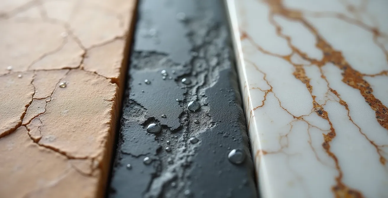 Dettaglio macro di tre diverse pietre naturali per bagno di lusso