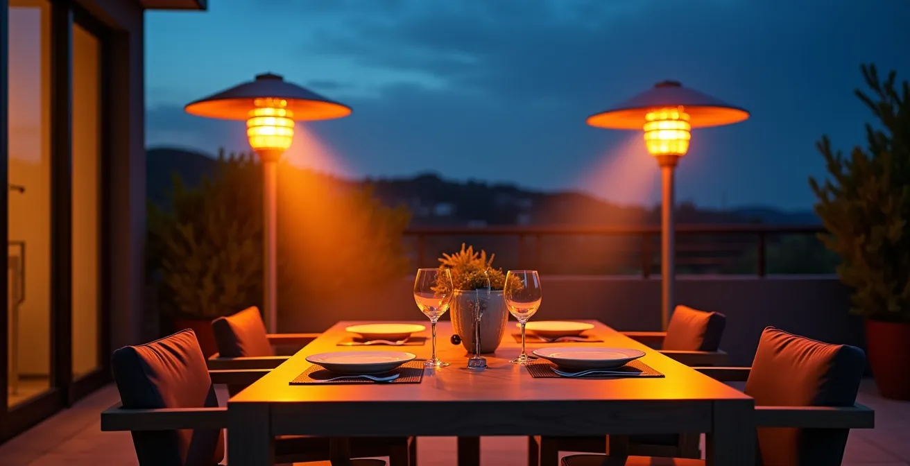 Comparazione visiva tra riscaldamento a infrarossi direzionale e fungo a gas su terrazza serale