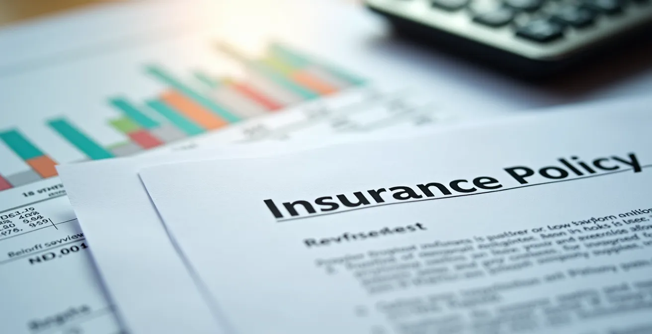 Dettaglio macro di documenti assicurativi con calcolatrice e grafici finanziari