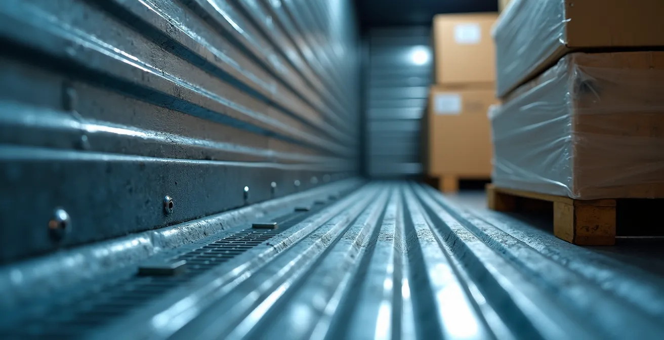 Interno di un container refrigerato con sistemi di isolamento termico e merci imballate