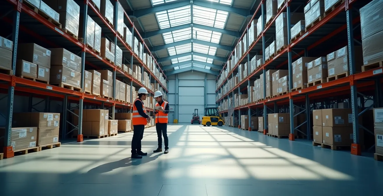 Vista panoramica di un magazzino moderno con sistemi di controllo digitali integrati