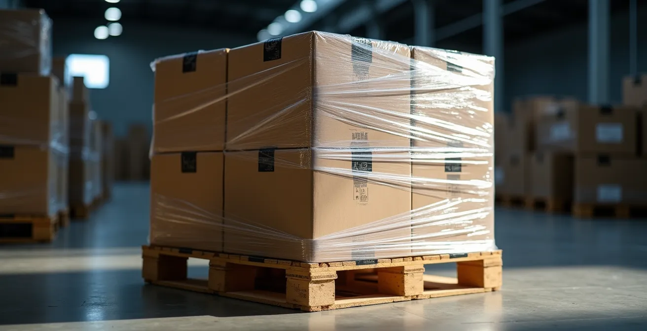 Vista laterale di un pallet perfettamente costruito con merci pesanti alla base e leggere in alto