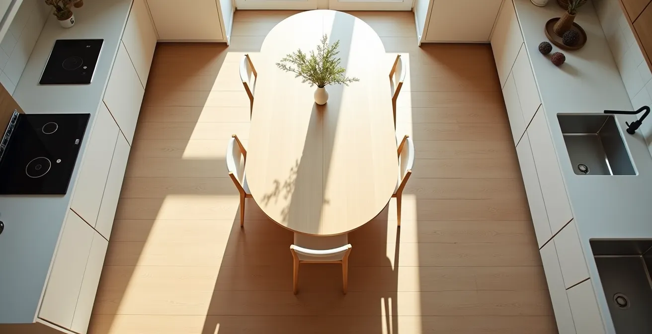 Vista dall'alto di una cucina stretta con tavolo ovale che mostra i percorsi di circolazione curvi e fluidi