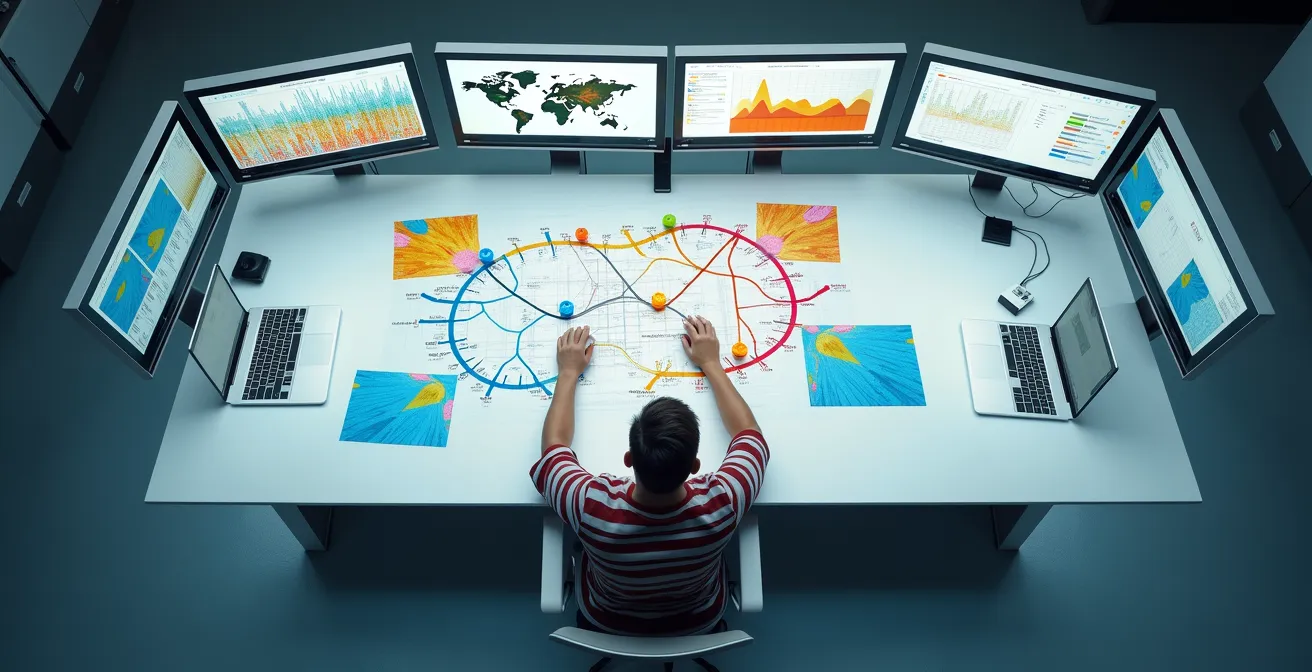 Vista dall'alto di un centro di controllo logistico con monitor e mappe