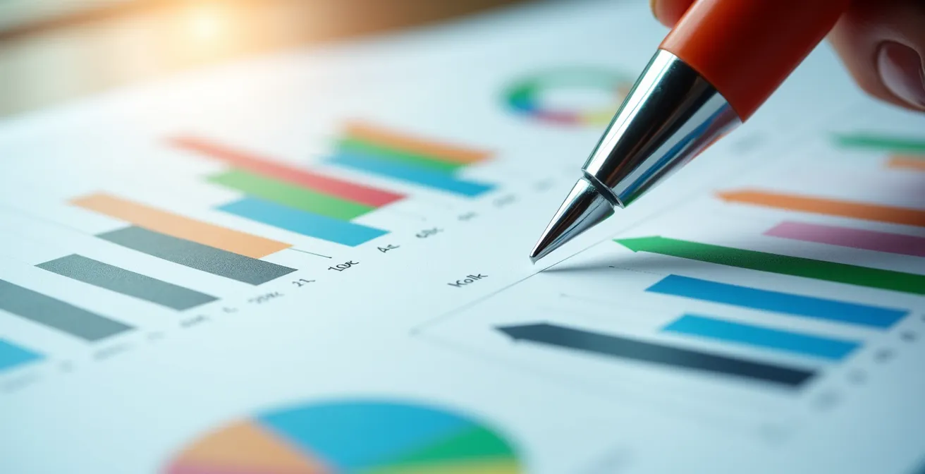 Vista macro di grafici colorati e indicatori di performance su carta