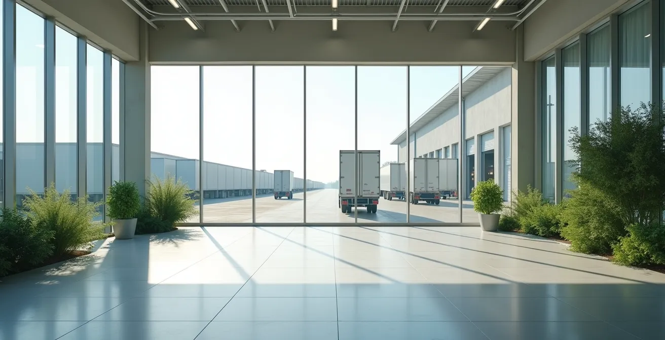 Centro controllo logistico moderno con vista panoramica su area di carico sostenibile