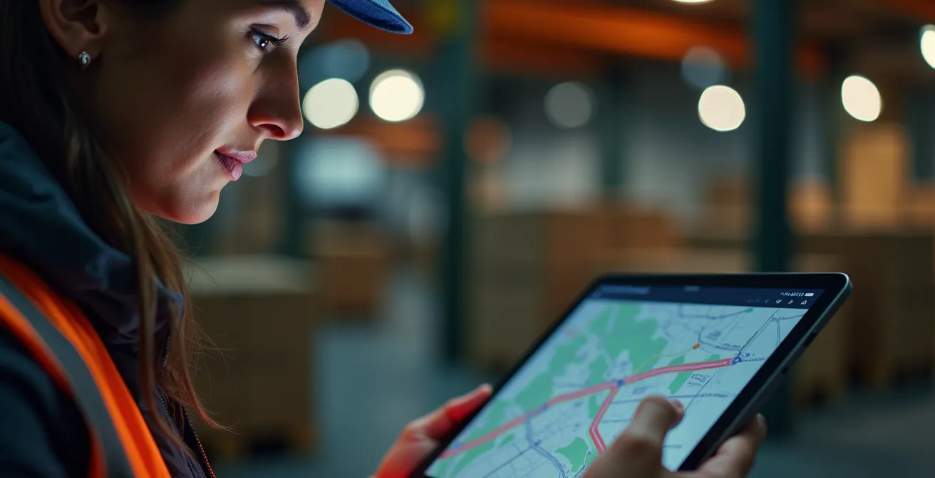 Operatore logistico che valida proposte dell'algoritmo su tablet con mappe stilizzate