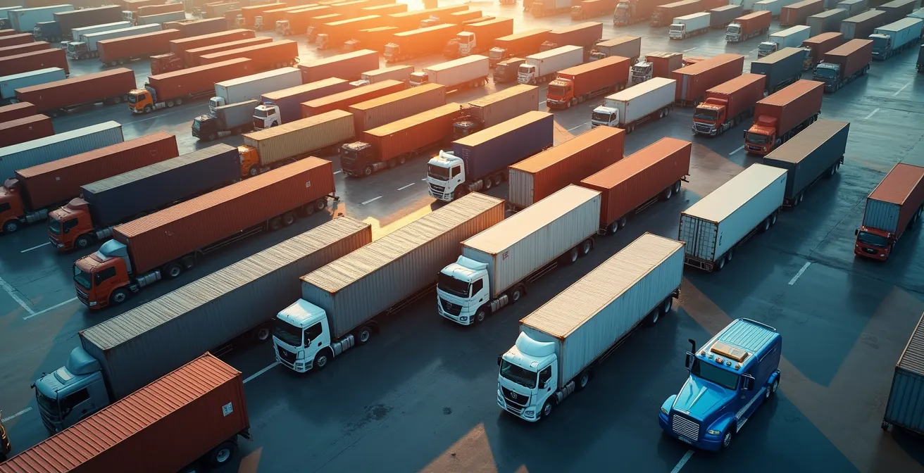 Vista aerea minimalista di diverse tipologie di veicoli commerciali disposti in pattern geometrico