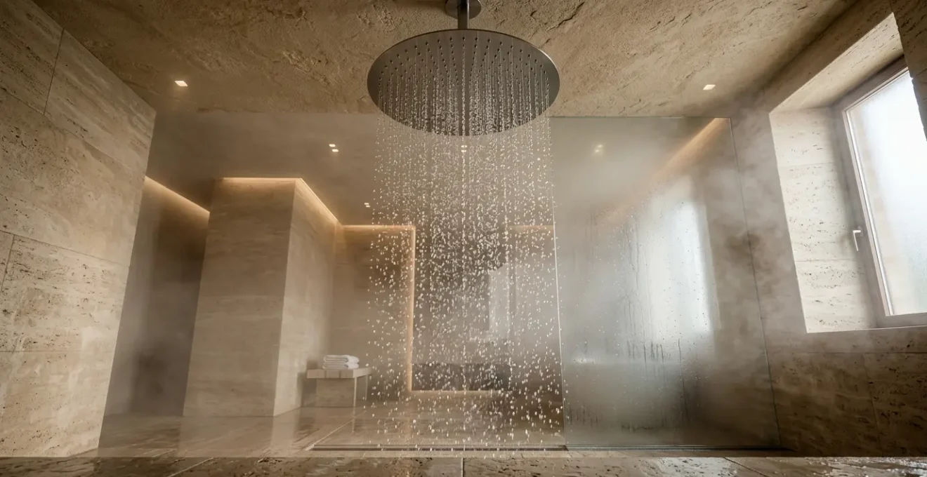 Soffione doccia effetto pioggia gigante in un bagno moderno con vapore
