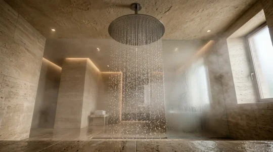 Soffione doccia effetto pioggia gigante in un bagno moderno con vapore