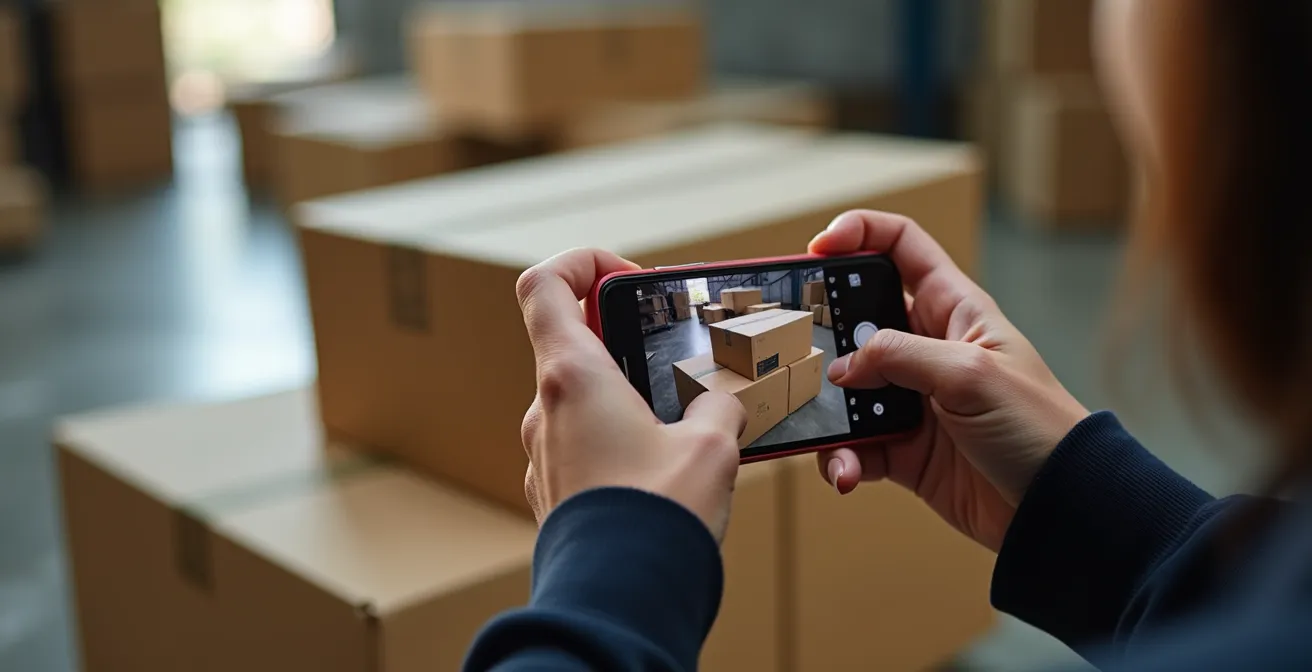Mani che tengono uno smartphone mentre fotografano un pacco danneggiato con documenti di spedizione visibili