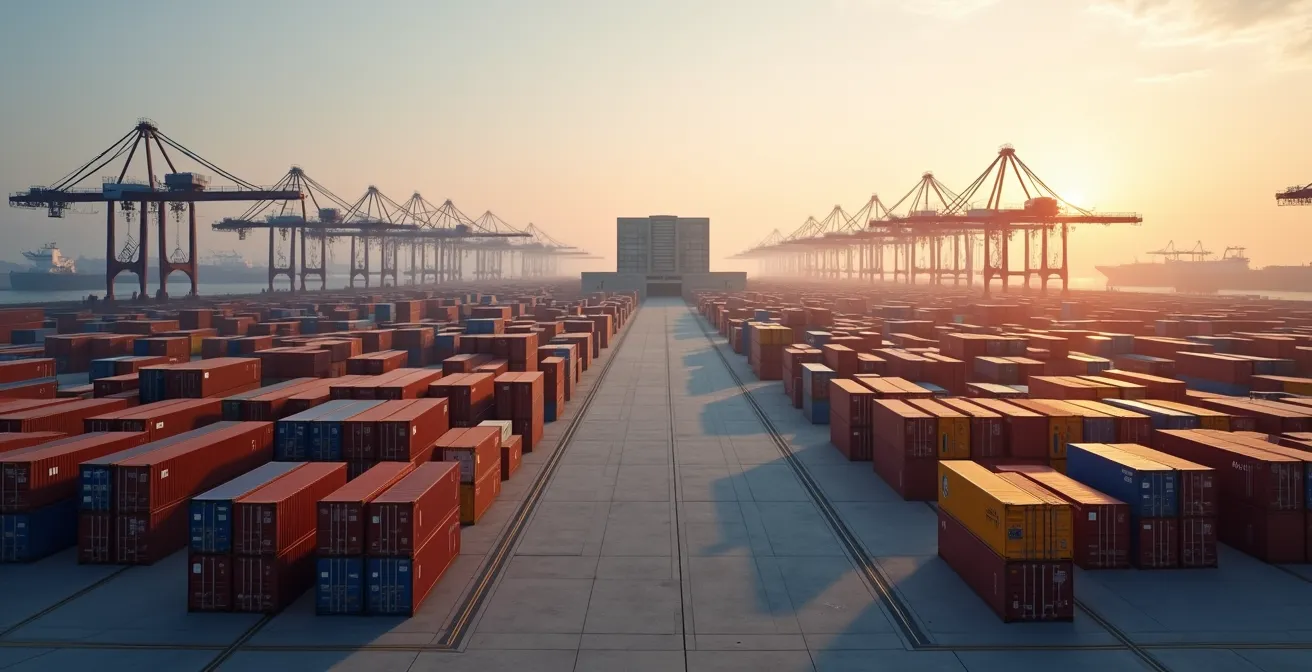 Vista aerea di un terminal portuale con container e uffici doganali