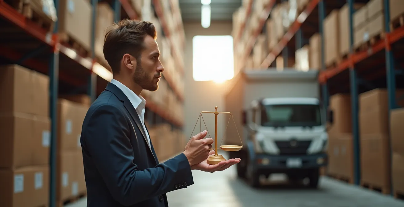 Bilancia simbolica che mostra l'equilibrio tra costi di trasporto e costi di stoccaggio