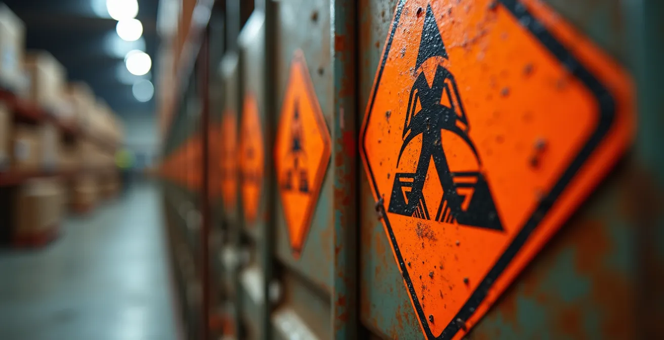 Dettaglio ravvicinato di etichette ADR e pannelli arancioni su container