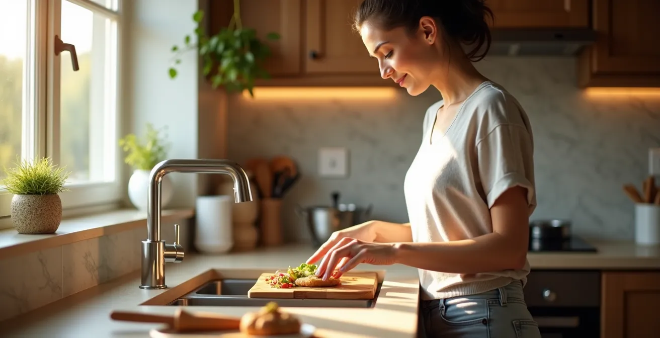 Persona che lavora in cucina mostrando il flusso ergonomico basato sulla mano dominante