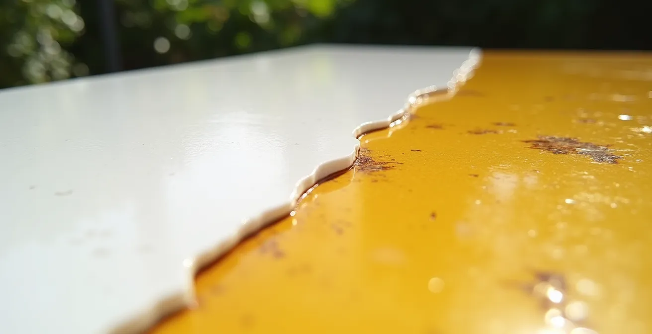 Dettaglio ravvicinato della superficie di un tavolo in resina che mostra la differenza tra area protetta e area esposta al sole