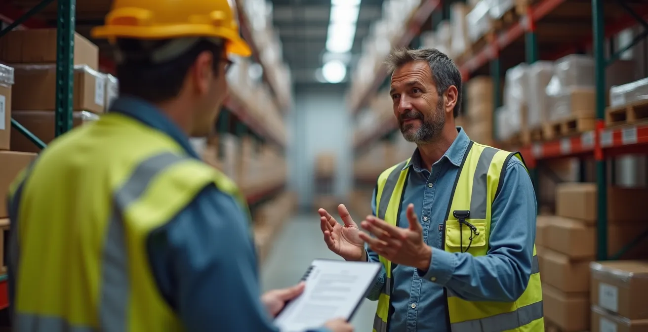 Manager in gemba walk osserva operatori al lavoro in area magazzino